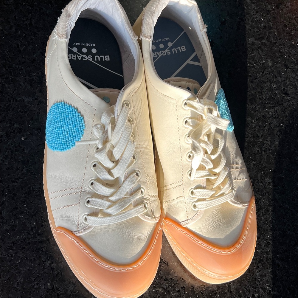 Scarpa Cream and Orange Sneakers with Blue Detail hand made Italian shoes